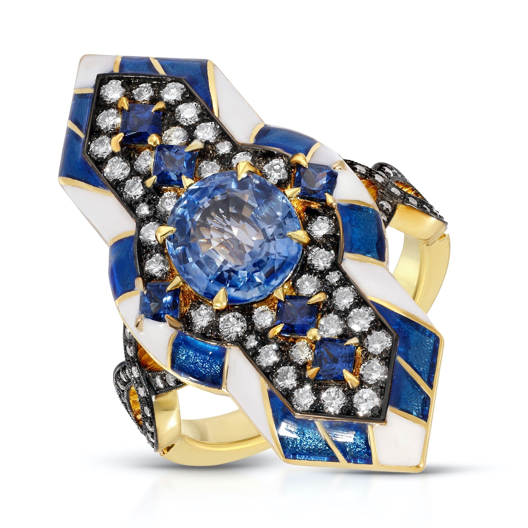 SAPPHIRE AND DIAMOND RING WITH ENAMEL ACCENT – petitegjewelers